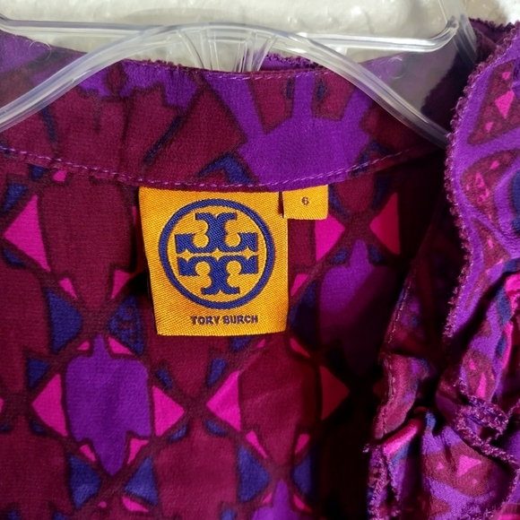 Tory Burch Silk Geometric Print Ruffle High V Neck 3/4 Tunic Blouse Top Sz 6 - Picture 6 of 12